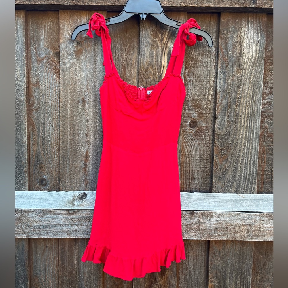 Reformation Red Christine Sweetheart Mini Ruffled Hem Dress